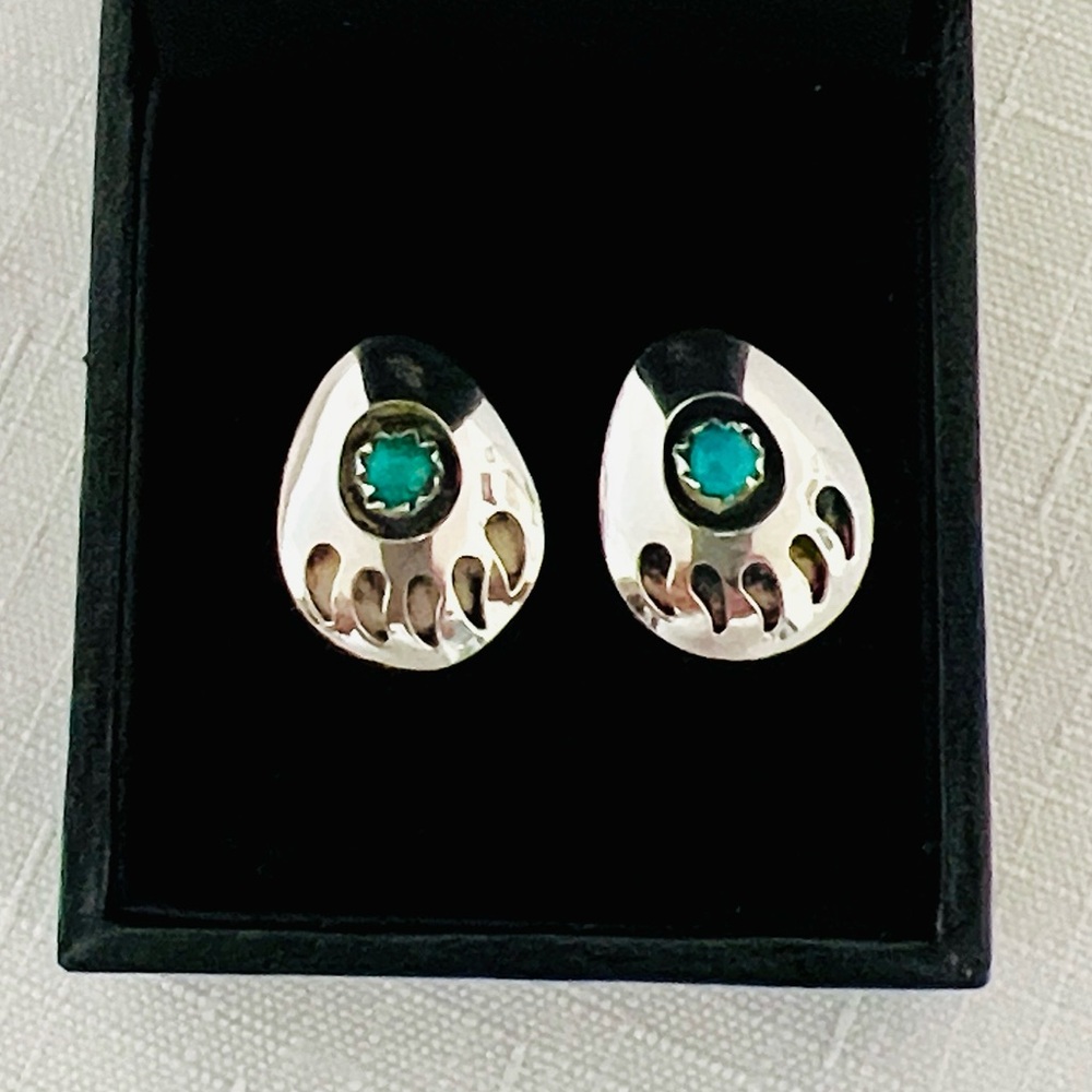 Vintage / Sterling Silver Bear Paw Earrings with Turquoise Stone